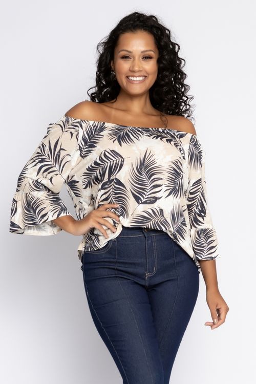 Blusa Ciganinha Feminina com Estampa Folhagem Off White