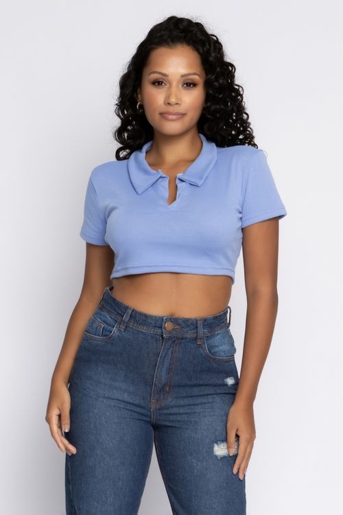 Blusa Cropped Feminina Romântico Polo em Ribana Azul Claro