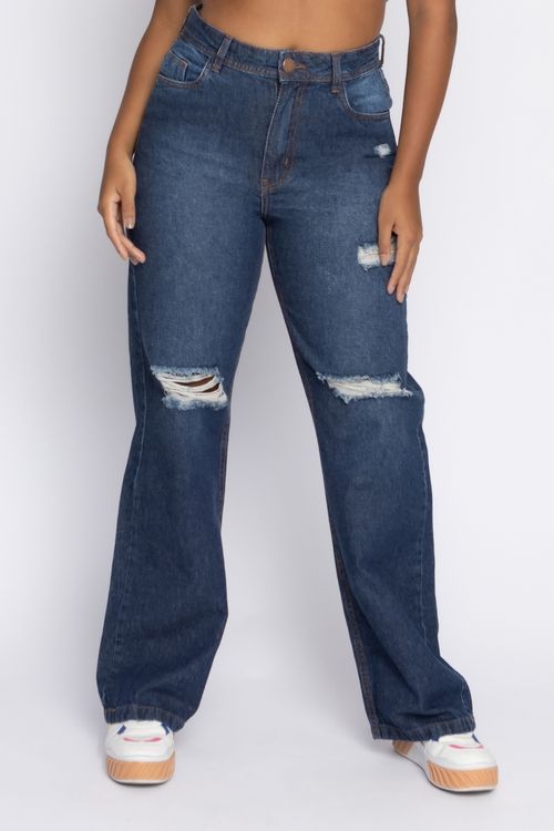 Calça Feminina Wide Leg Destroyed Jeans Escuro