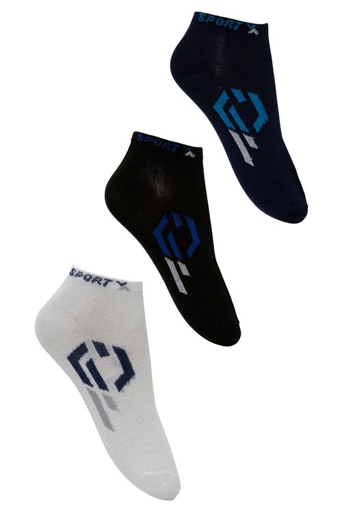 Kit 3 Pares de Meias Masculinas Cano Curto Estampadas Azul Preto e Branco