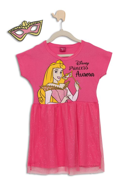 Vestido Infantil com Tule e Estampa Princesa Aurora Disney Pink Tam 4 a 10