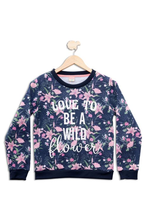 Blusão Juvenil em Moletom com Estampa Floral Azul Marinho Tam 10 a 16