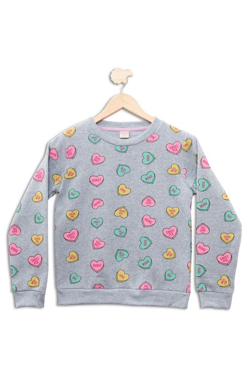 Blusão Juvenil em Moletom com Estampa Corações Mescla Tam 10 a 16