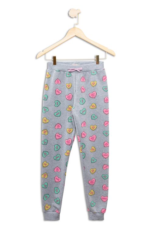 Calça Juvenil em Moletom com Estampa Corações Mescla Tam 10 a 16