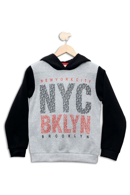 Blusão Juvenil com Capuz e Estampa NYC Mescla e Preto Tam 10 a 16