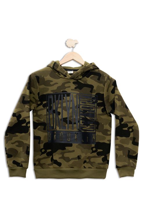 Blusão Juvenil com Capuz e Estampa Camuflado Verde Tam 10 a 16