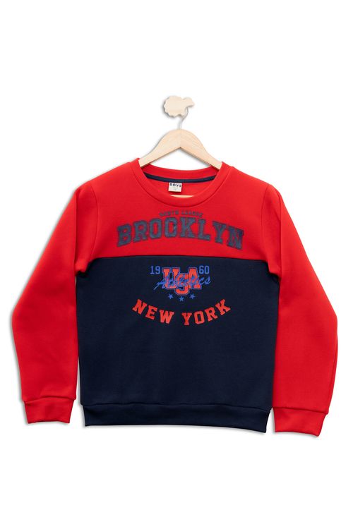 Blusão Juvenil com Estampa Brooklyn Recorte Vermelho e Azul Escuro Tam 10 a 16