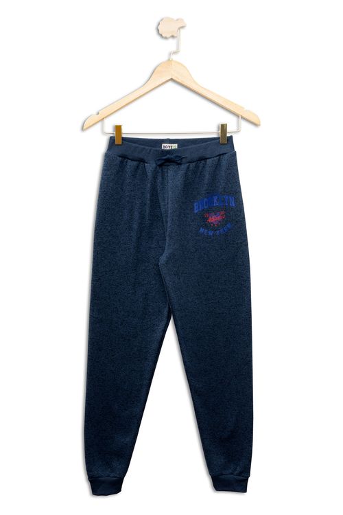 Calça Jogger Juvenil em Moletom com Estampa Brooklyn Azul Marinho Tam 10 a 16