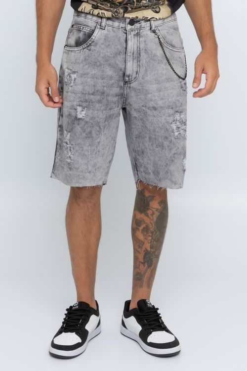 Bermuda Masculina Reta com Corrente Jeans Estonado Preto