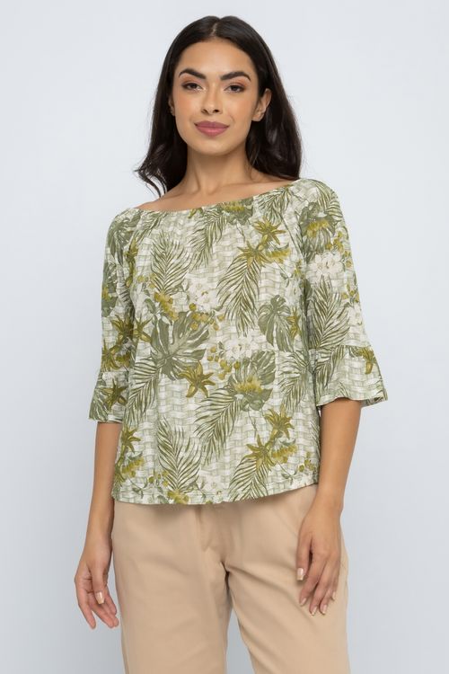 Blusa Ciganinha Feminina com Estampa Folhagens Verde