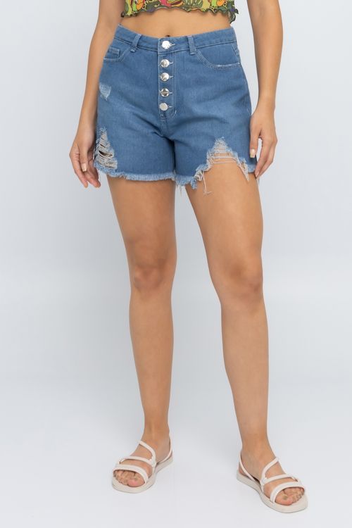 Shorts Feminino Mom com Botões Barra Desfiada e Puídos Jeans Médio