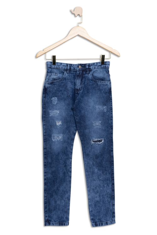 Calça Jeans Juvenil Menino Slim Destroyed Azul Médio Tam 10 a 16