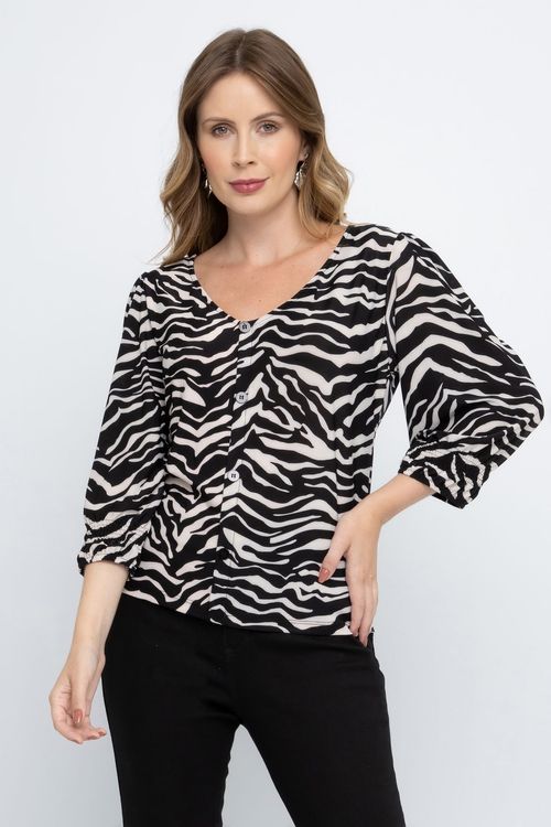 Camisa Feminina City Lastex Animal Print Zebra Preta e Branca