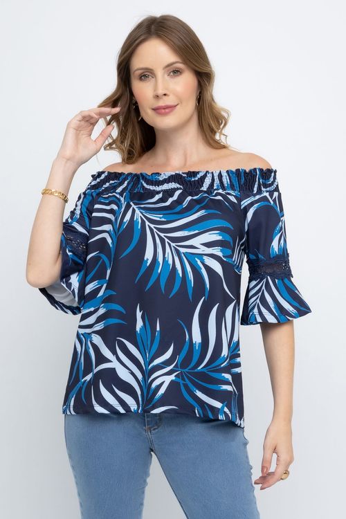 Blusa Ciganinha Feminina Casual Folhagem Azul Marinho