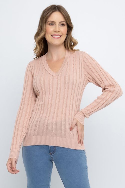 Suéter Feminino em Tricot Trançado Rosa Claro
