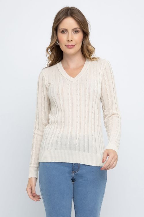 Suéter Feminino em Tricot Trançado Off White