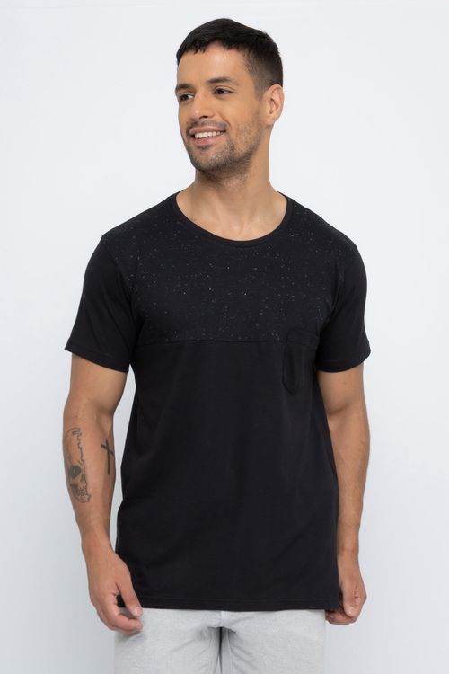 Camiseta Masculina Casual Lisa Bolso Preta