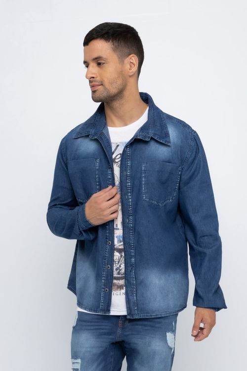 Camisa Masculina com Bolso Jeans Escuro