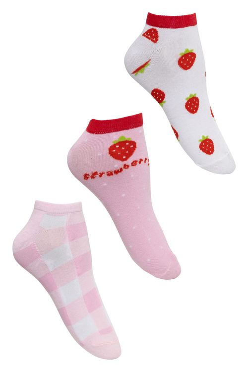Kit com 3 Pares de Meias Femininas Cano Baixo com Estampas Morango Branca e Rosa Tam 34 ao 39