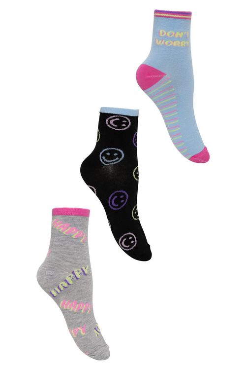 Kit com 3 Pares de Meias Femininas Cano Médio com Estampa Happy Preta Mescla e Azul Tam 34 ao 39