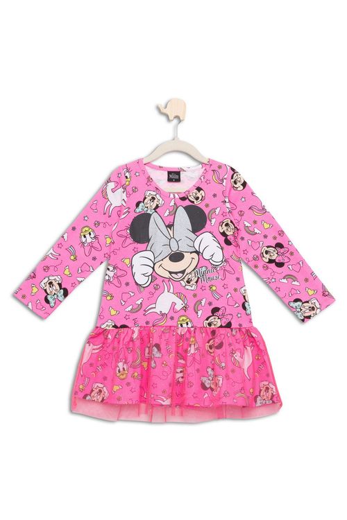 Vestido Infantil com Tule e Estampa Minnie Rosa Tam 1 a 3