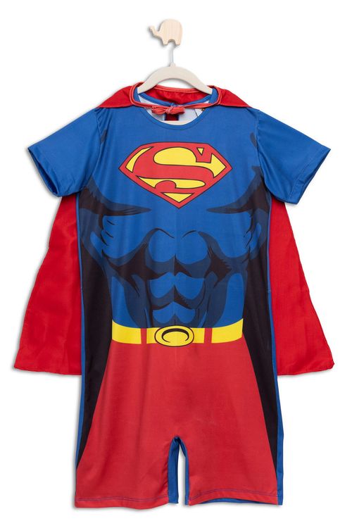 Macacão Infantil Fantasia Super Homem com Capa Azul e Vermelho Tam 4 a 10