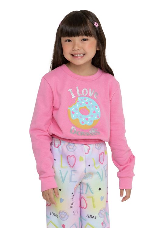 Conjunto Infantil em Moletom com Estampa Donuts Rosa Tam 4 a 8