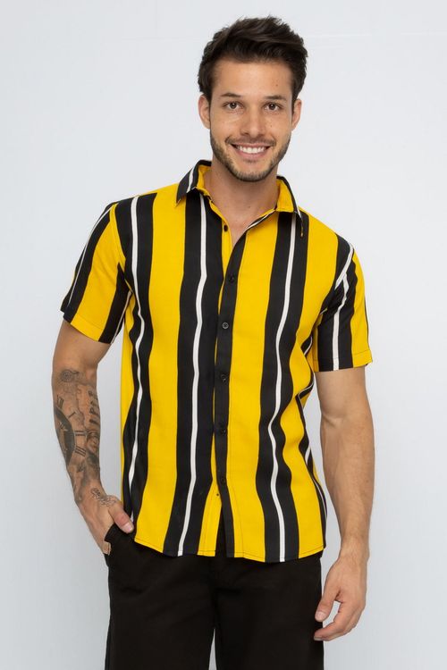 Camisa Masculina em Viscose Amarelo Preto e Branco