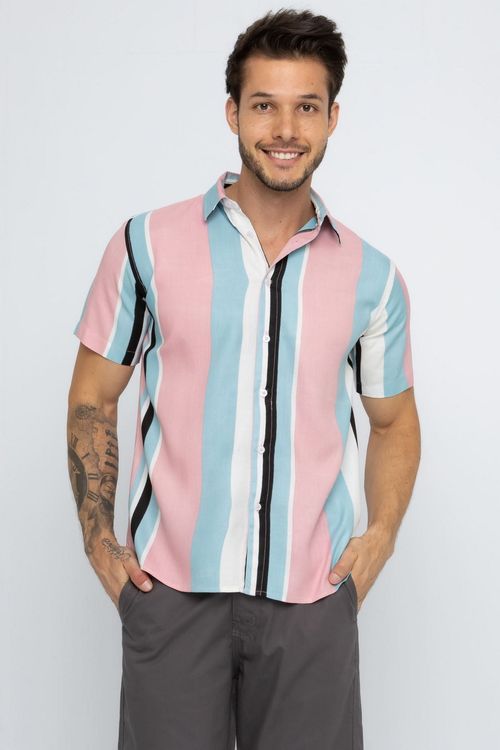 Camisa Masculina em Viscose Rosa Azul Preto e Branco