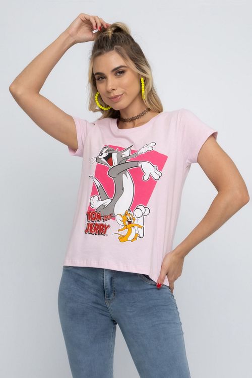 Blusa Feminina com Estampa Tom eJerry Rosa Claro