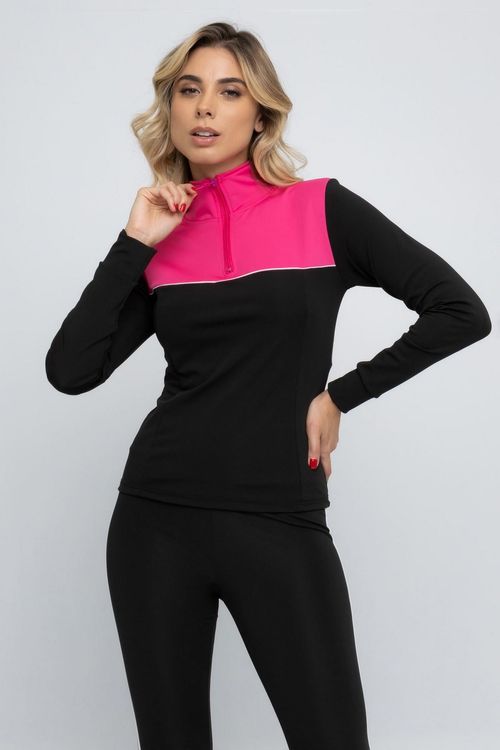 Blusa Esportiva Feminina Gola Alta com Zíper Recorte Pink e Preto