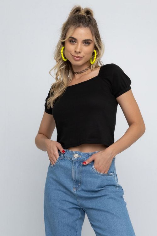 Blusa Cropped Feminina Romântico em Ribana Preta