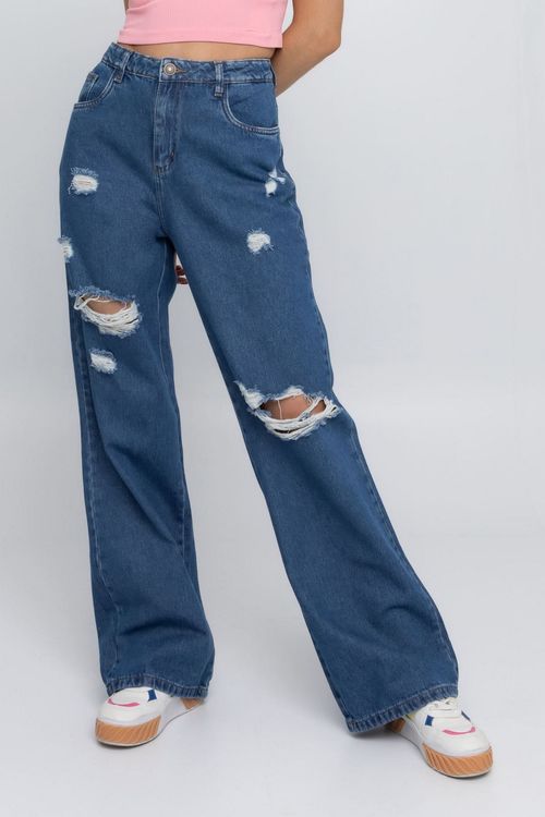 Calça Feminina Wide Leg Destroyed Jeans Escuro