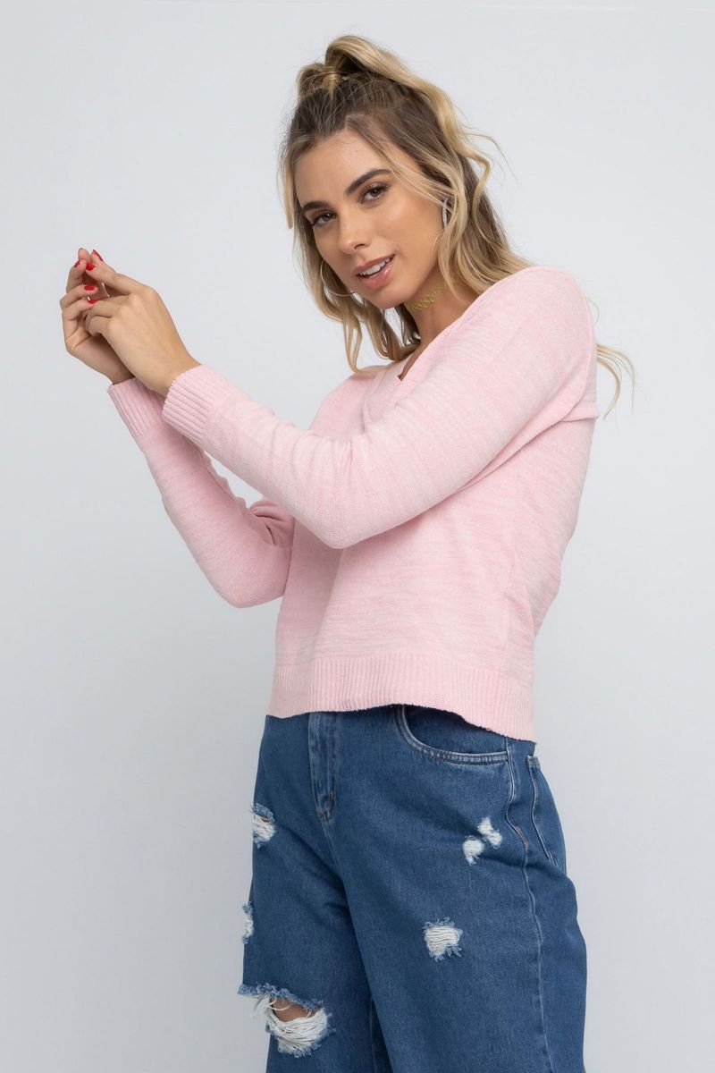 Sueter-Feminino-com-Decote-V-Liso-Mescla-Rosa