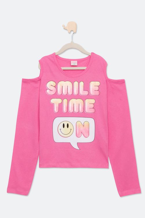 Blusa Juvenil com Recorte e Estampa Emoji Rosa Médio Tam 10 A 16