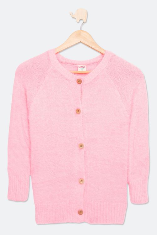 Cardigan Juvenil em Tricô com Pêlo Rosa Tam 10 a 16