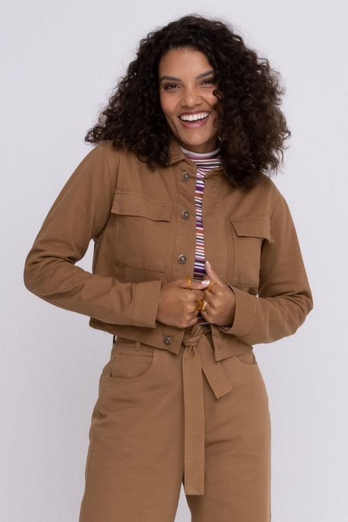 Jaqueta Cropped Feminina em Jeans Marrom