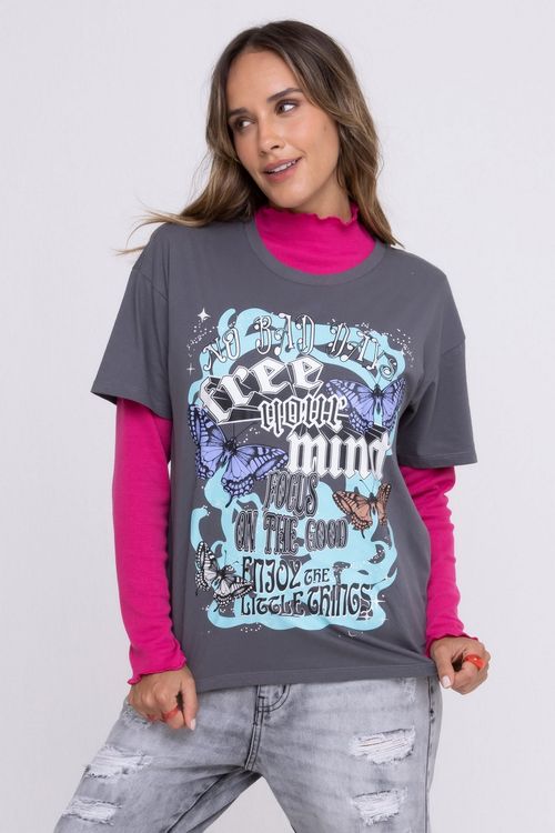 Blusa Oversized Feminina Com Estampa Lettering Cinza Escuro