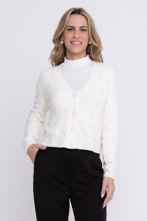 Cardigan Feminino em Tricô com Pérolas Branco