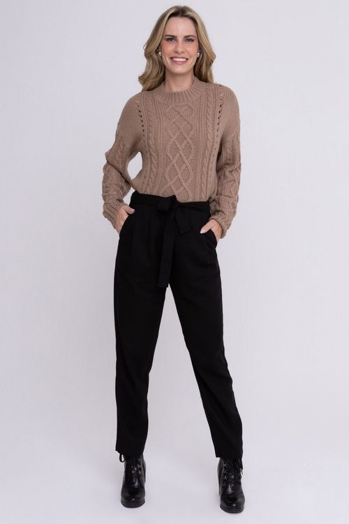 Calça Feminina Reta com Cinto Laço Preta