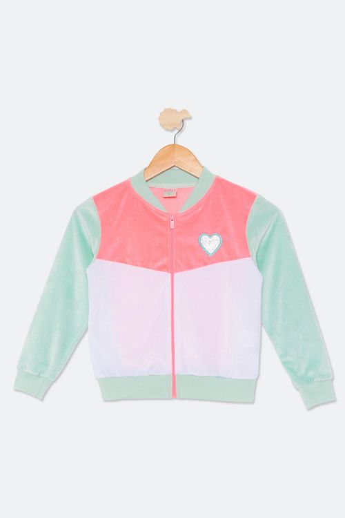 Jaqueta Infantil em Moletom com Estampa Coração Rosa e Verde Claro Tam 4 a 8