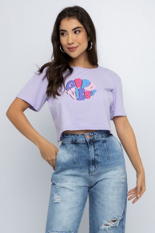 Blusa Cropped Feminina com Estampa Good Vibes Lilás