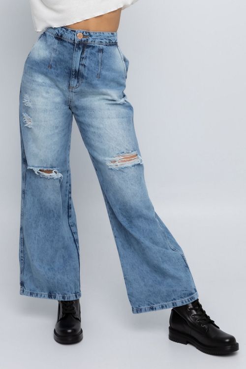 Calça Feminina Wide Leg Destroyed Jeans Médio
