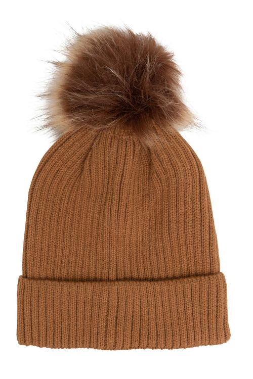 Gorro Feminino Canelado Bege com Pompom Marrom