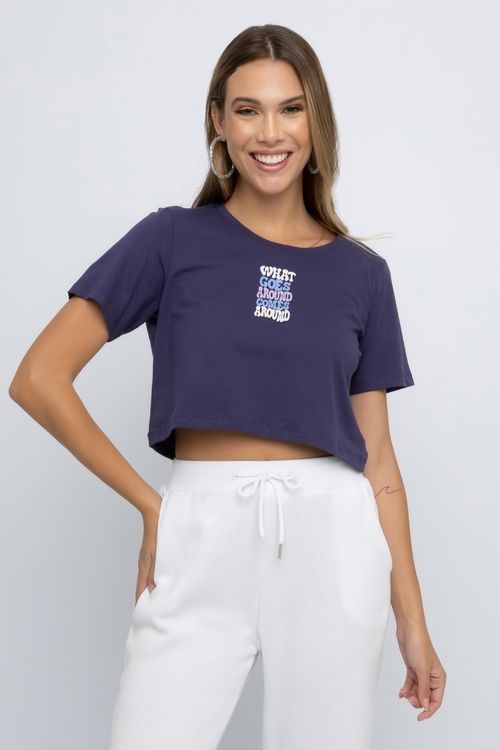 Blusa Cropped Feminina com Estampa Around Azul Escuro