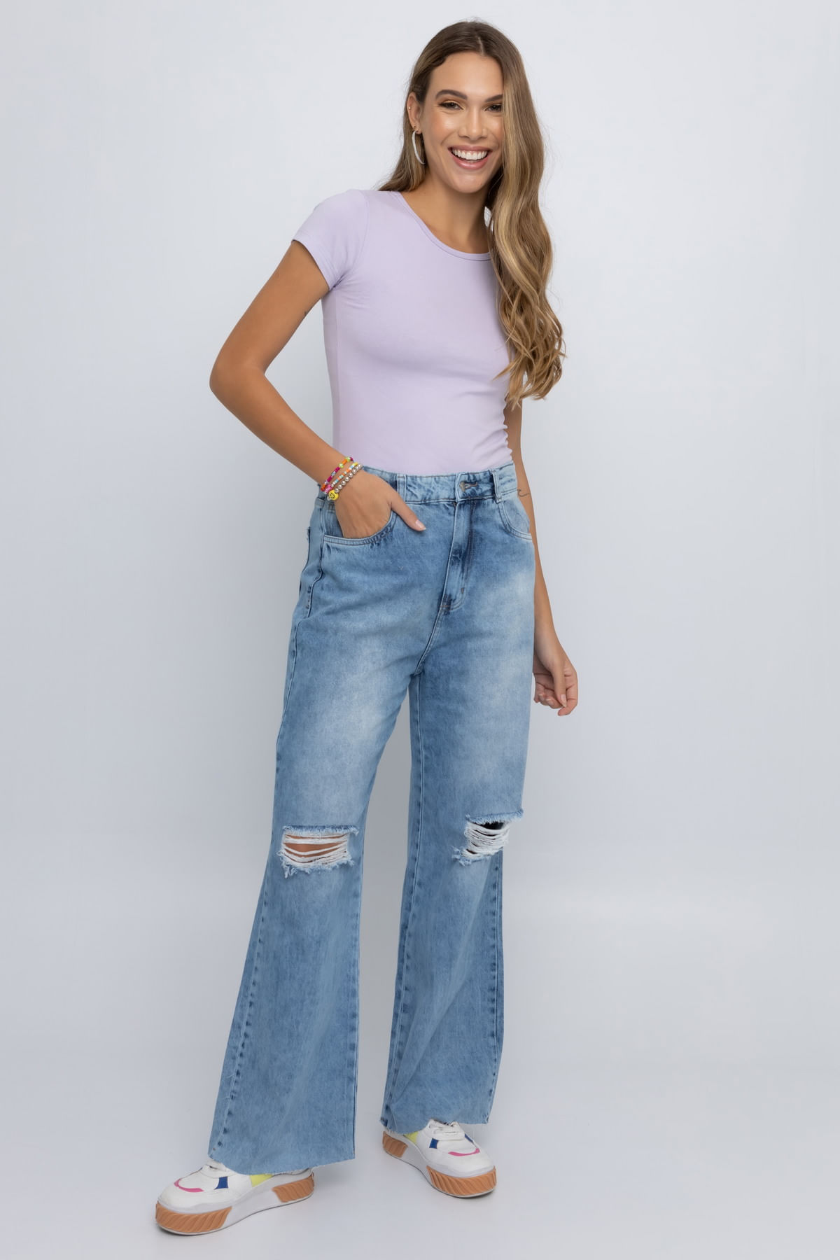 Calça Jeans Feminina Wide Leg Destroyed Desfiada Naraka - Marshoes