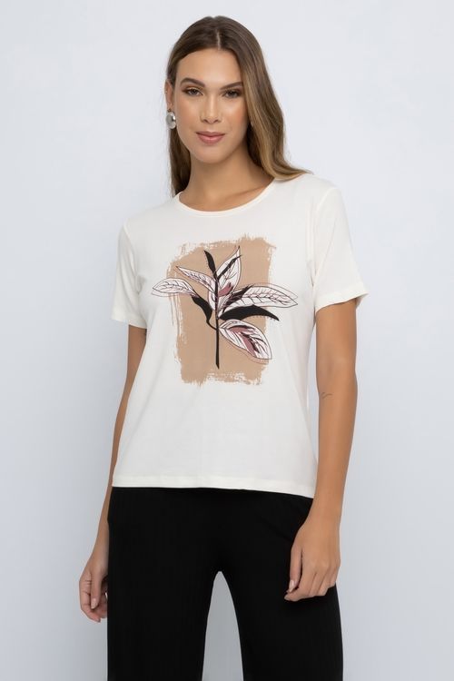 Blusa Feminina em Viscolycra com Estampa Folha Off White