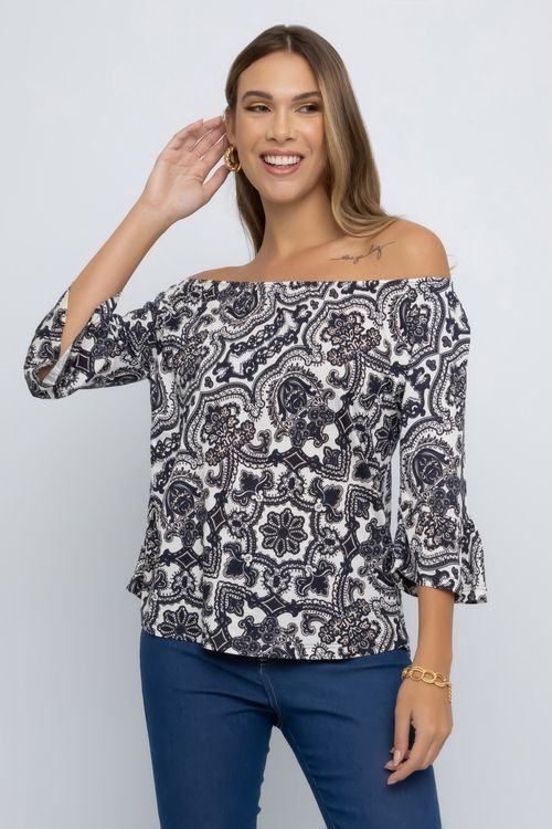 Blusa Ciganinha Feminina com Estampa Paisley Preto e Branco