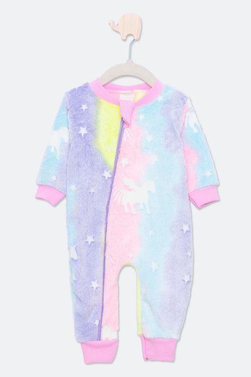 Macacão Infantil Bebê em Fleece com Estampa Unicórnio Brilha no Escuro Multicor Tam P ao G