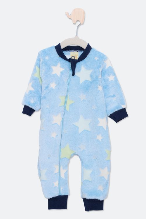Macacão Infantil Bebê em Fleece com Estampa Estrelas Brilha no Escuro Azul Tam P ao G